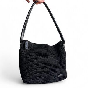 The Sak Elliott Lucca Black Crochet Knit Shoulder Hobo Bag with Leather Handle